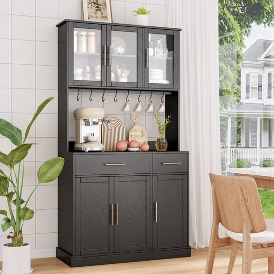 Furmax 71'' Tall Kitchen Pantry Cabinet with Adjustable Shelves Drawers Closet Organizer with Charging Station for Kitchen Dining Room, Black