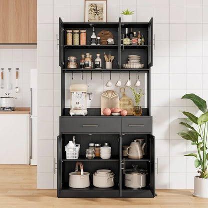 Furmax 71'' Tall Kitchen Pantry Cabinet with Adjustable Shelves Drawers Closet Organizer with Charging Station for Kitchen Dining Room, Black