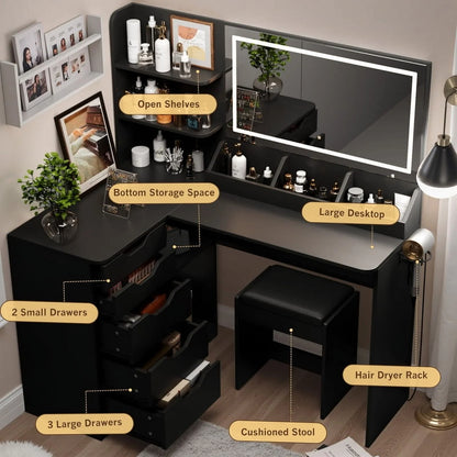 Furmax L Shaped Vanity Desk Set Corner Makeup Vanity Set with Adjustable LED Lighted Mirror & Power Outlets Dressing Table with Organizers, and Cushioned Stool