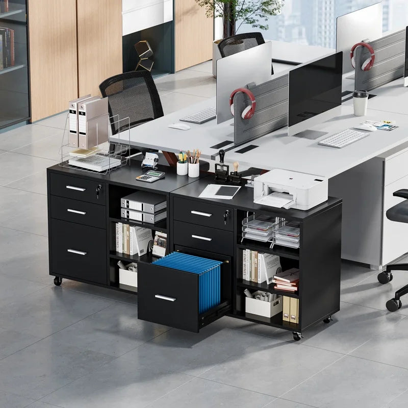 Furmax 3 Drawers File Cabinet with Lock & Wheels Vertical File Cabinet with Open Shelves for Home Office Study Room