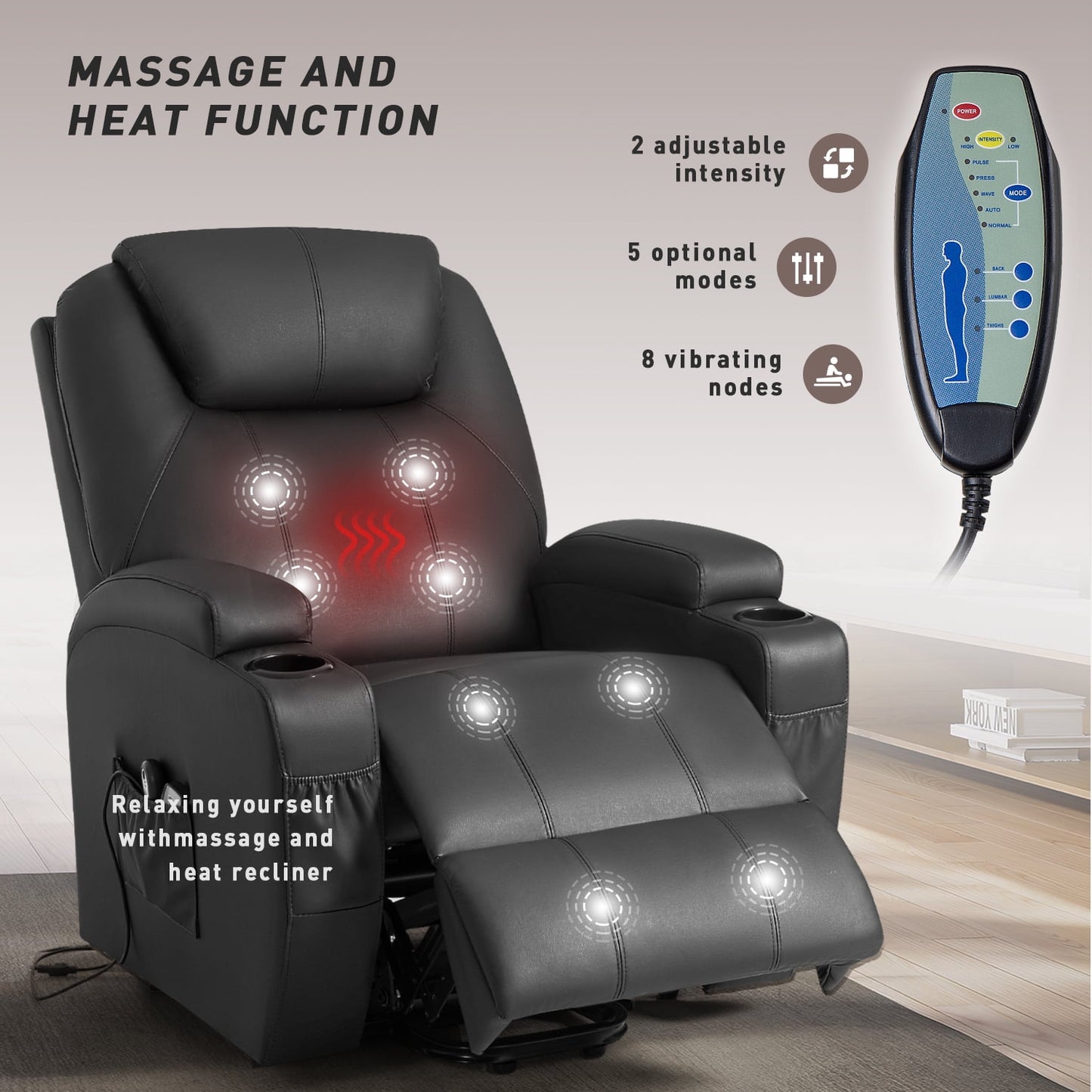 Furmax Electric Reclining Chair Elderly Lift Recliner with Massage and Heating Faux Leather