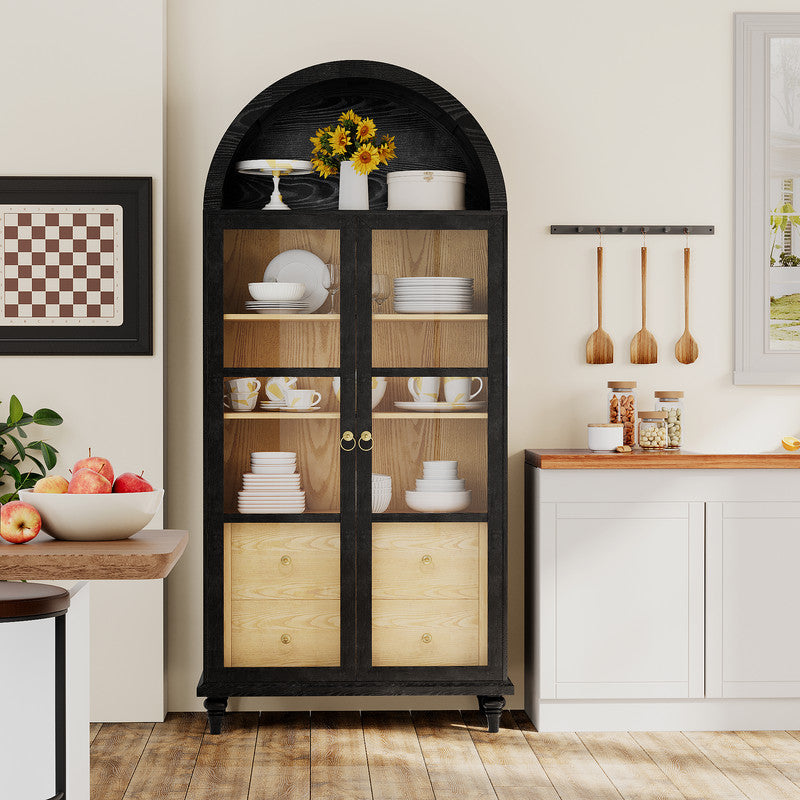 Furmax 71'' Tall Arched Pantry Cabinet, Wood Kitchen Storage Cabinet with 2 Large Drawers and 3 Shelves, Modern Farmhouse Cupboard for Kitchen, Living Room, Dining Room, Black