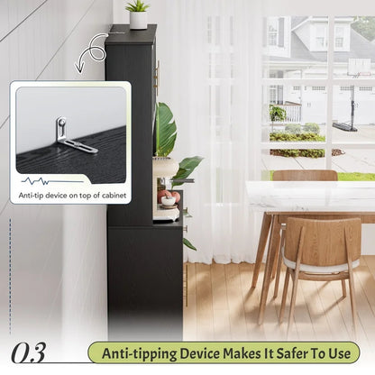 Furmax 71'' Tall Kitchen Pantry Cabinet with Adjustable Shelves Drawers Closet Organizer with Charging Station for Kitchen Dining Room, Black