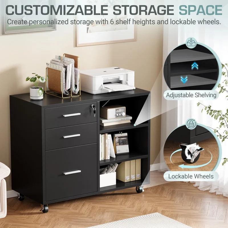 Furmax 3 Drawers File Cabinet with Lock & Wheels Vertical File Cabinet with Open Shelves for Home Office Study Room