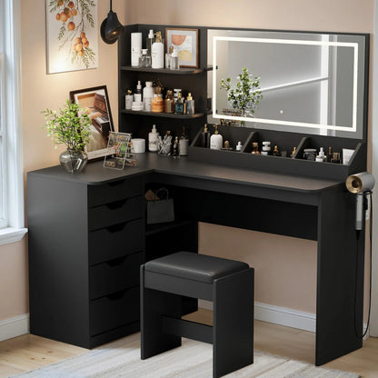 Furmax L Shaped Vanity Desk Set Corner Makeup Vanity Set with Adjustable LED Lighted Mirror & Power Outlets Dressing Table with Organizers, and Cushioned Stool