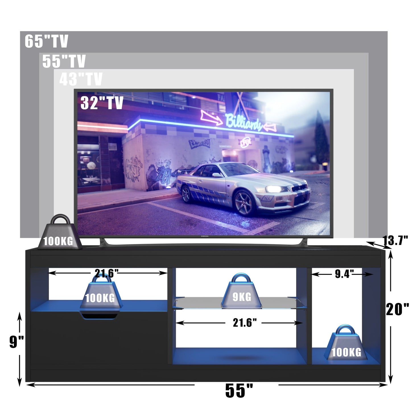 Furmax LED TV Stand for 65 inch TV, Modern TV Stand with LED Lights and High Glossy Cabinets, Game Console Entertainment Center with Storage Shelves and Media Layers for Living Room Bedroom