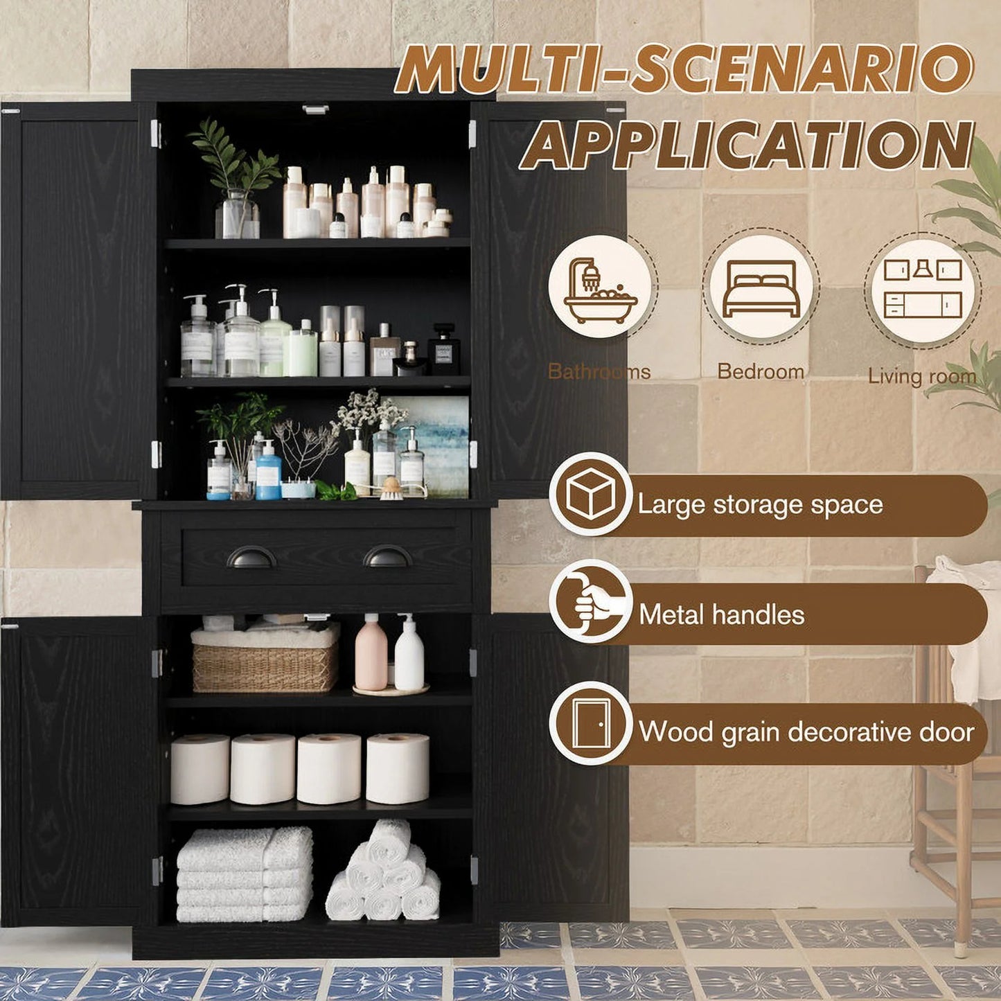 Furmax 72" Pantry Storage Cabinet with Drawers and Adjustable Shelves Cupboard Storage Cabinet for Kitchen Dining Room, Black