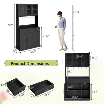 Furmax 71'' Tall Kitchen Pantry Cabinet with Adjustable Shelves Drawers Closet Organizer with Charging Station for Kitchen Dining Room, Black