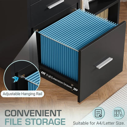 Furmax 3 Drawers File Cabinet with Lock & Wheels Vertical File Cabinet with Open Shelves for Home Office Study Room