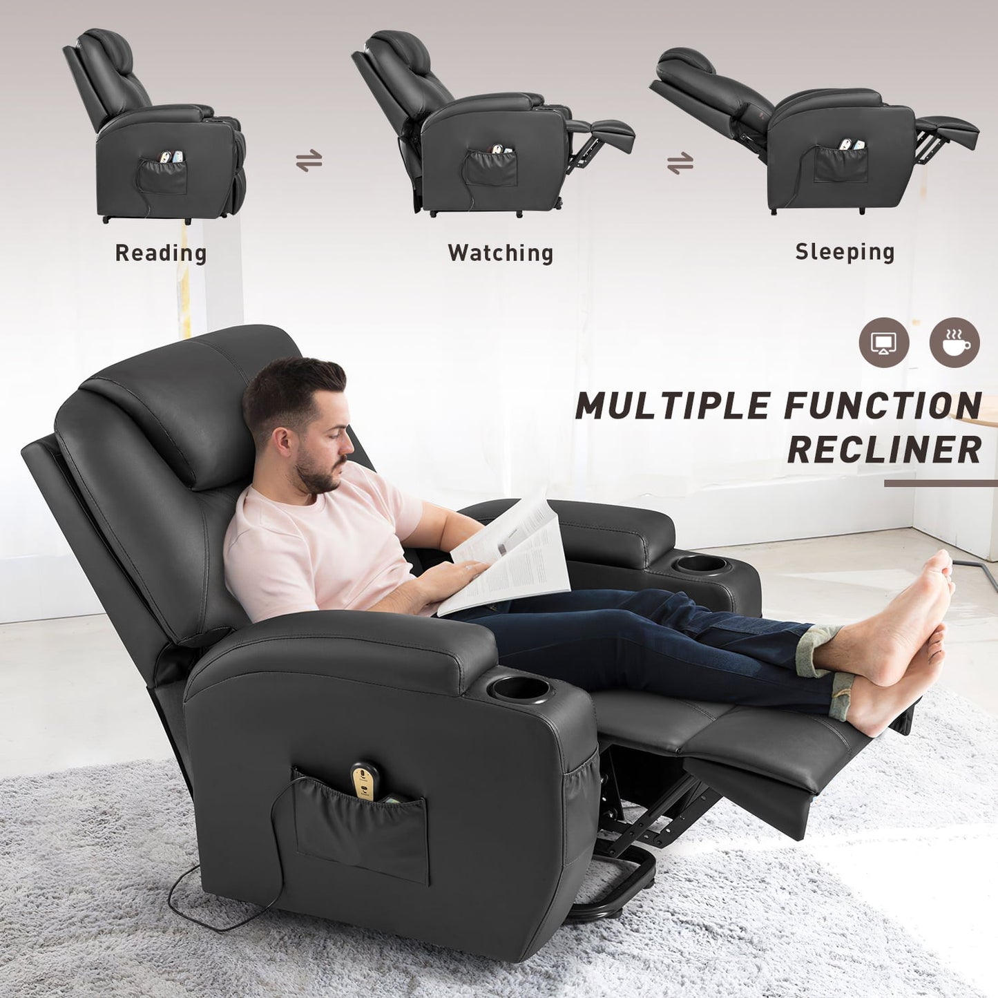 Furmax Electric Reclining Chair Elderly Lift Recliner with Massage and Heating Faux Leather