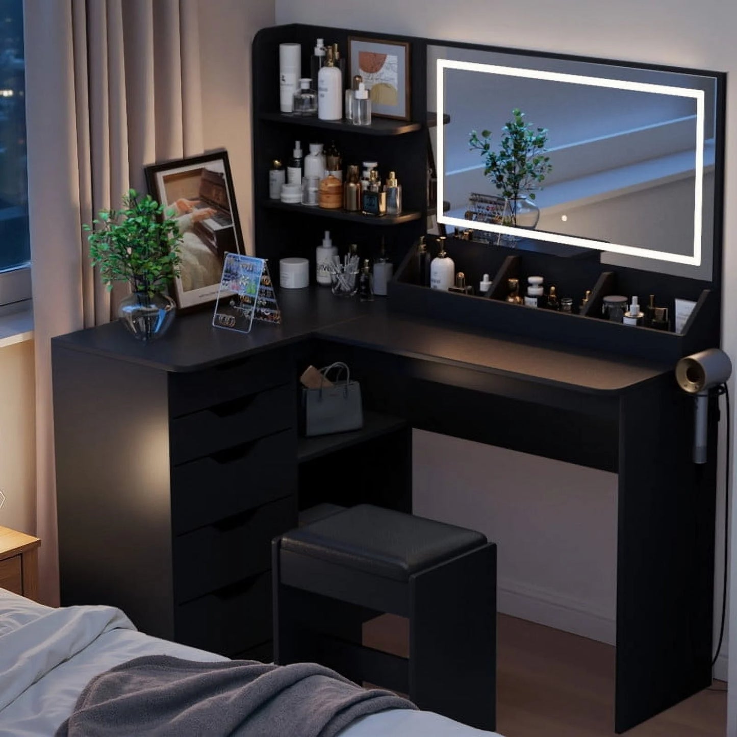 Furmax L Shaped Vanity Desk Set Corner Makeup Vanity Set with Adjustable LED Lighted Mirror & Power Outlets Dressing Table with Organizers, and Cushioned Stool