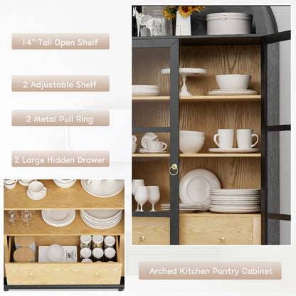 Furmax 71'' Tall Arched Pantry Cabinet, Wood Kitchen Storage Cabinet with 2 Large Drawers and 3 Shelves, Modern Farmhouse Cupboard for Kitchen, Living Room, Dining Room, Black