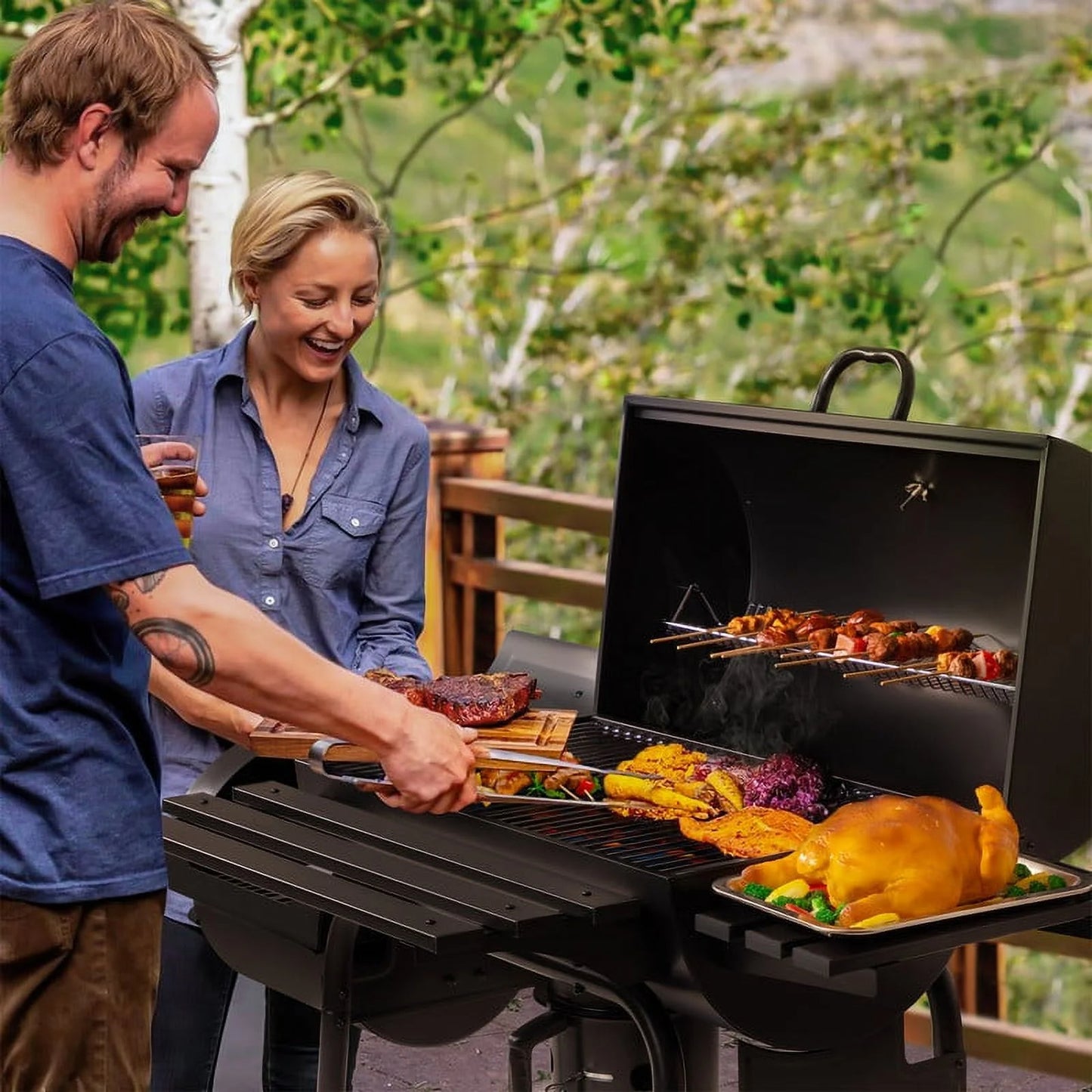 Furmax Charcoal Grill with Offset Smoker Portable Stainless Steel Grill with Cover Versatile Outdoor Camping BBQ and Barrel Smoker for Patio, Backyard & Camping