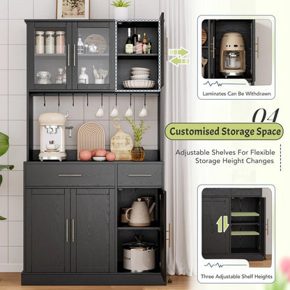 Furmax 71'' Tall Kitchen Pantry Cabinet with Adjustable Shelves Drawers Closet Organizer with Charging Station for Kitchen Dining Room, Black