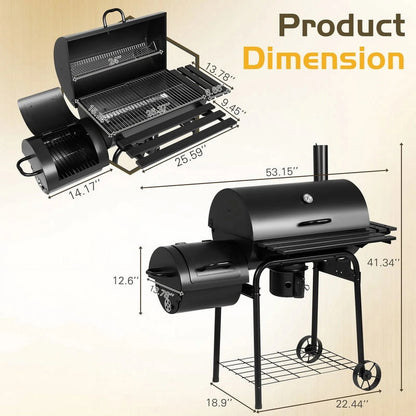 Furmax Charcoal Grill with Offset Smoker Portable Stainless Steel Grill with Cover Versatile Outdoor Camping BBQ and Barrel Smoker for Patio, Backyard & Camping