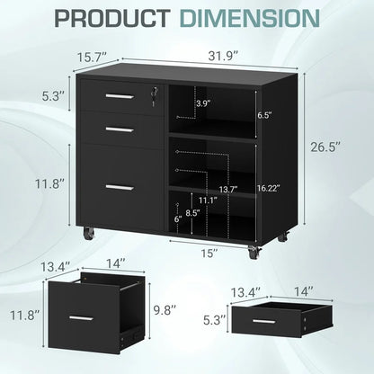 Furmax 3 Drawers File Cabinet with Lock & Wheels Vertical File Cabinet with Open Shelves for Home Office Study Room