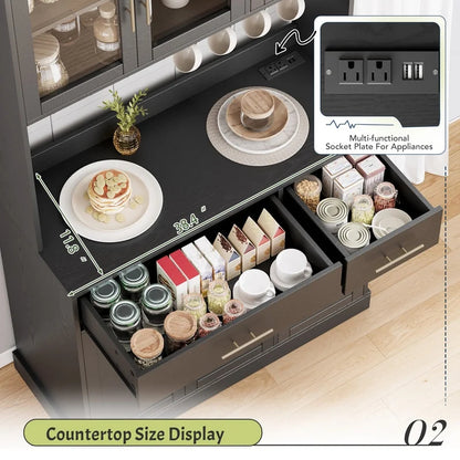 Furmax 71'' Tall Kitchen Pantry Cabinet with Adjustable Shelves Drawers Closet Organizer with Charging Station for Kitchen Dining Room, Black