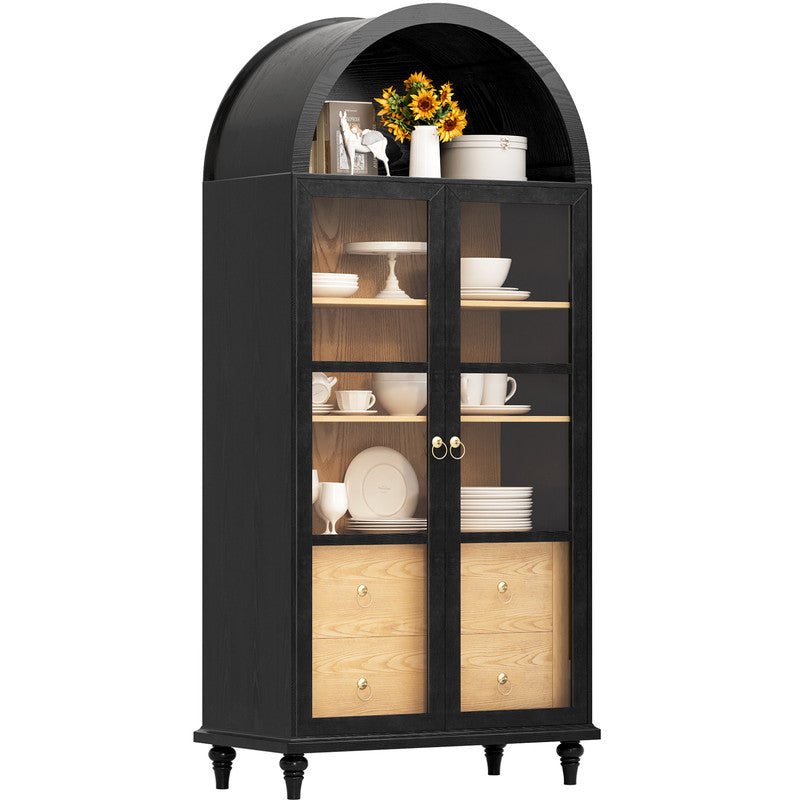 Furmax 71'' Tall Arched Pantry Cabinet, Wood Kitchen Storage Cabinet with 2 Large Drawers and 3 Shelves, Modern Farmhouse Cupboard for Kitchen, Living Room, Dining Room, Black