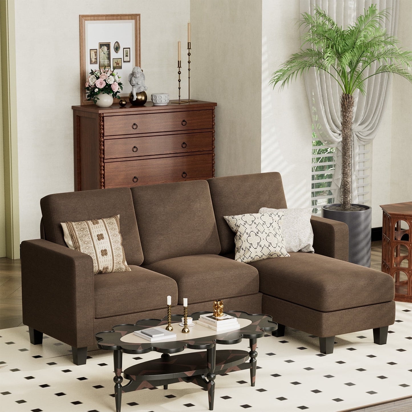 Furmax L-Shaped Sofa Convertible Sectional Sofa 3-Seater Sofa Set with Reversible Chair Linen Fabric Sofa