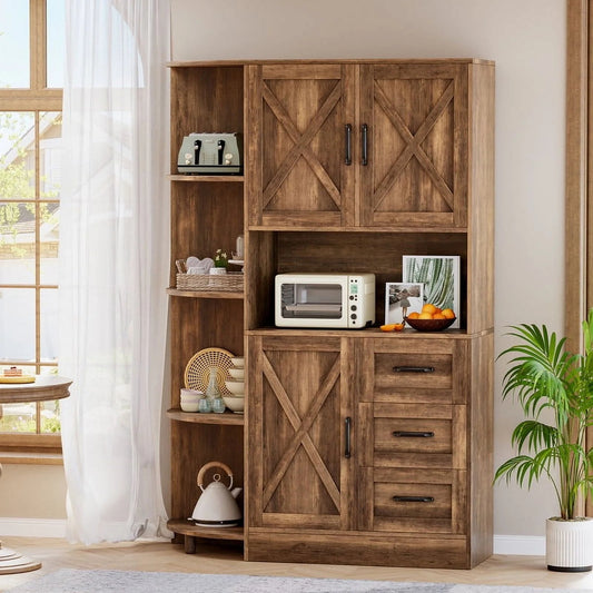 Furmax Tall Kitchen Pantry Cabinet Farmhouse Freestanding Storage Cabinet with Barn Doors, Drawers & Corner Shelves for Kitchen, Dining Room, White