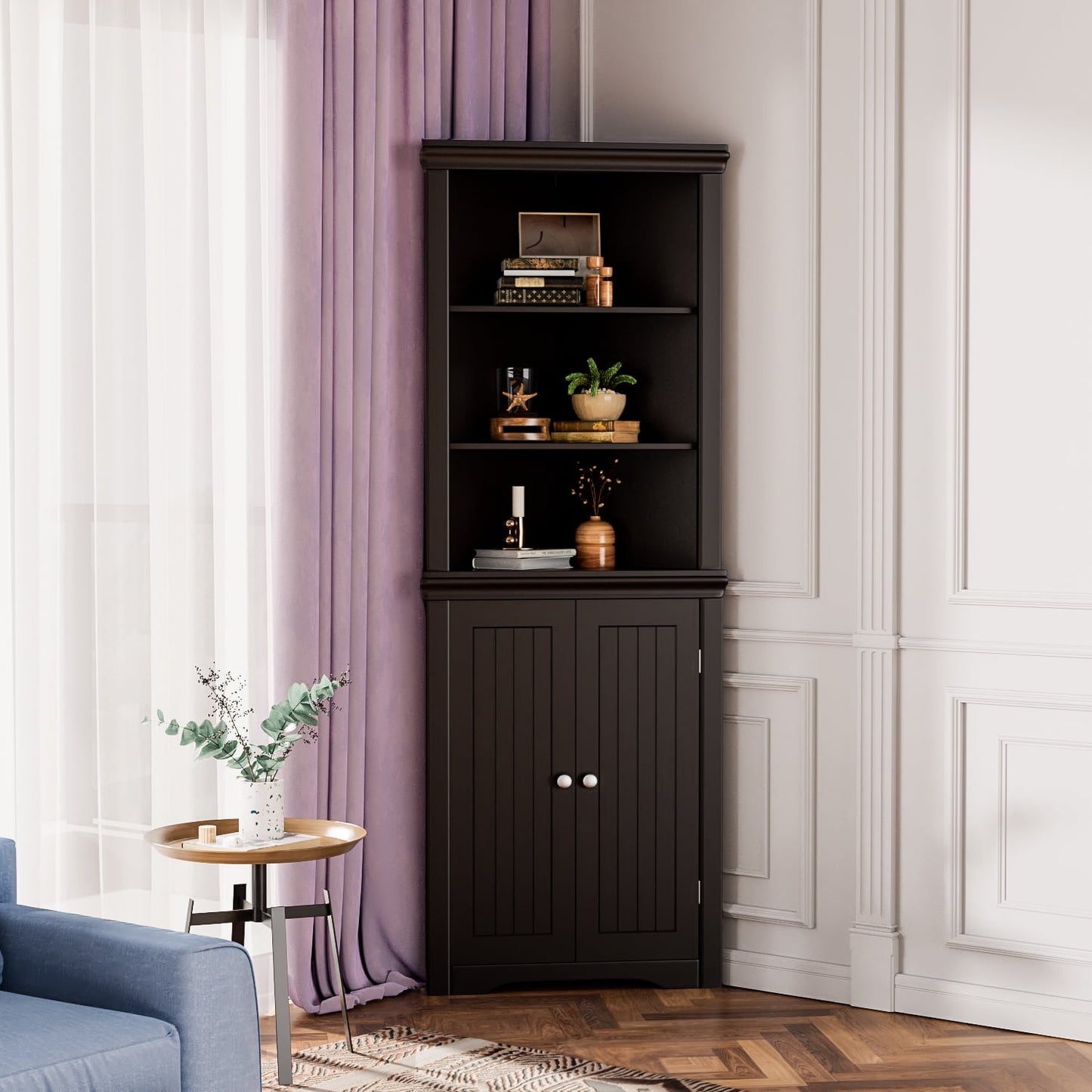 Furmax Corner Bookcase with Storage, Corner Bookshelf Stand Storage Rack for Living Room, Home Office, Kitchen, Small Space