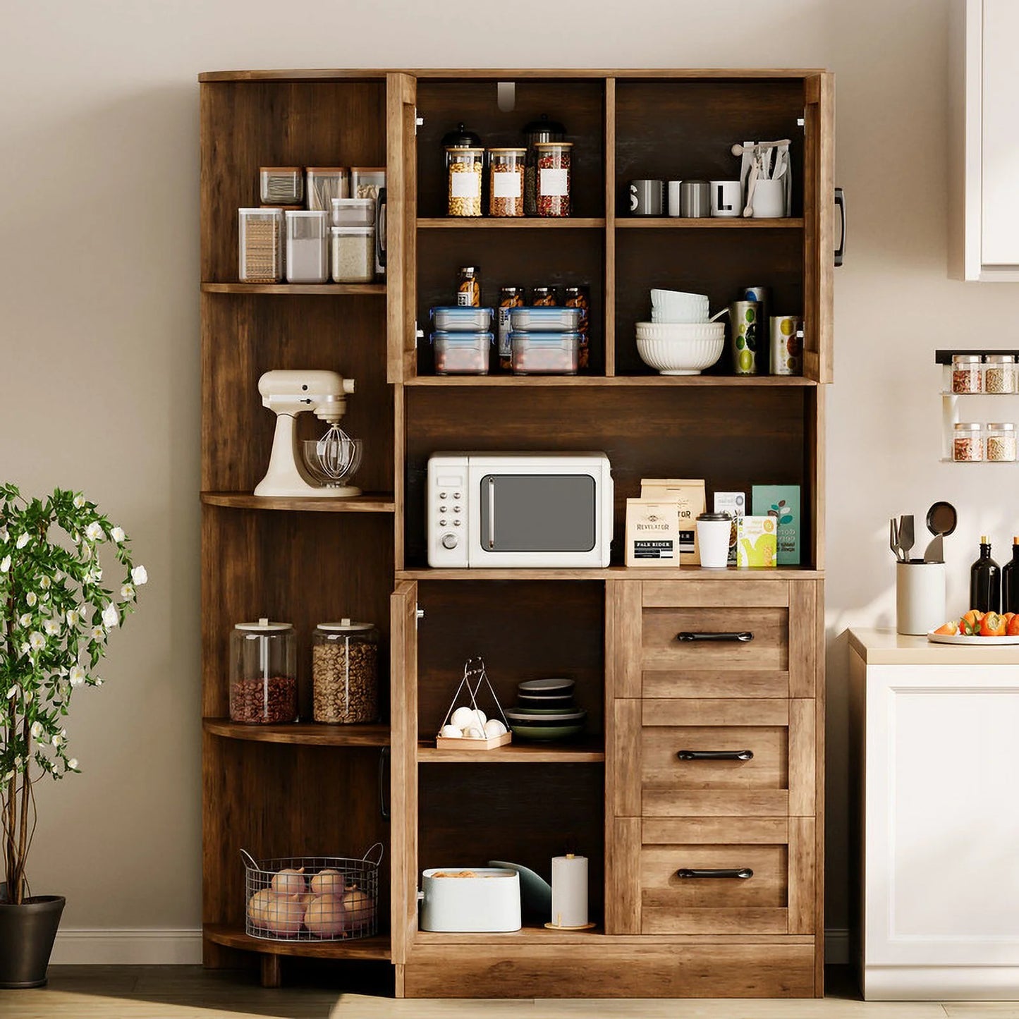 Furmax Tall Kitchen Pantry Cabinet Farmhouse Freestanding Storage Cabinet with Barn Doors, Drawers & Corner Shelves for Kitchen, Dining Room, White