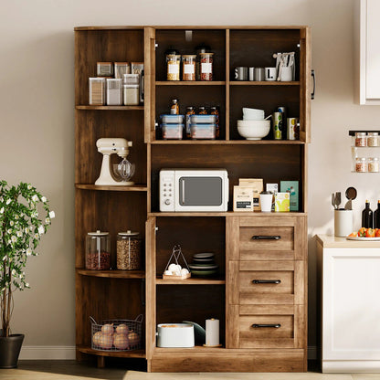 Furmax Tall Kitchen Pantry Cabinet Farmhouse Freestanding Storage Cabinet with Barn Doors, Drawers & Corner Shelves for Kitchen, Dining Room, White
