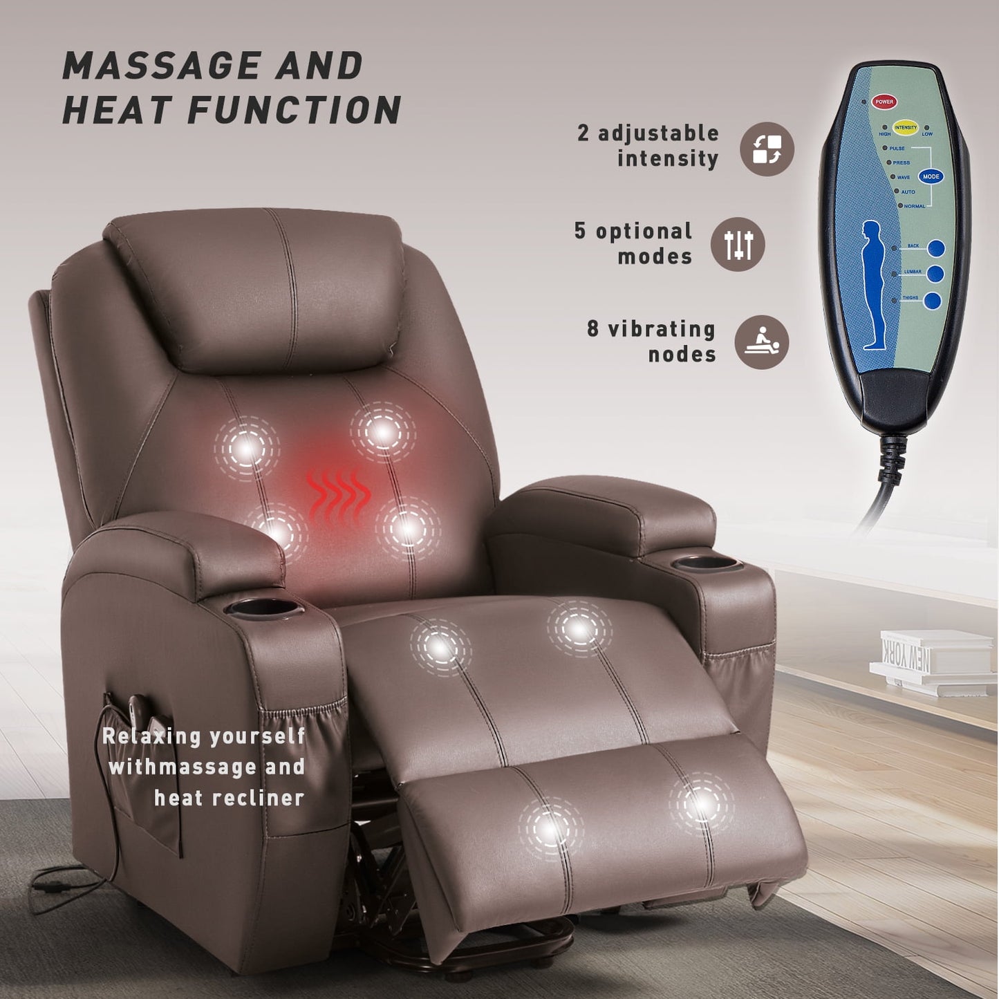 Furmax Electric Reclining Chair Elderly Lift Recliner with Massage and Heating Faux Leather