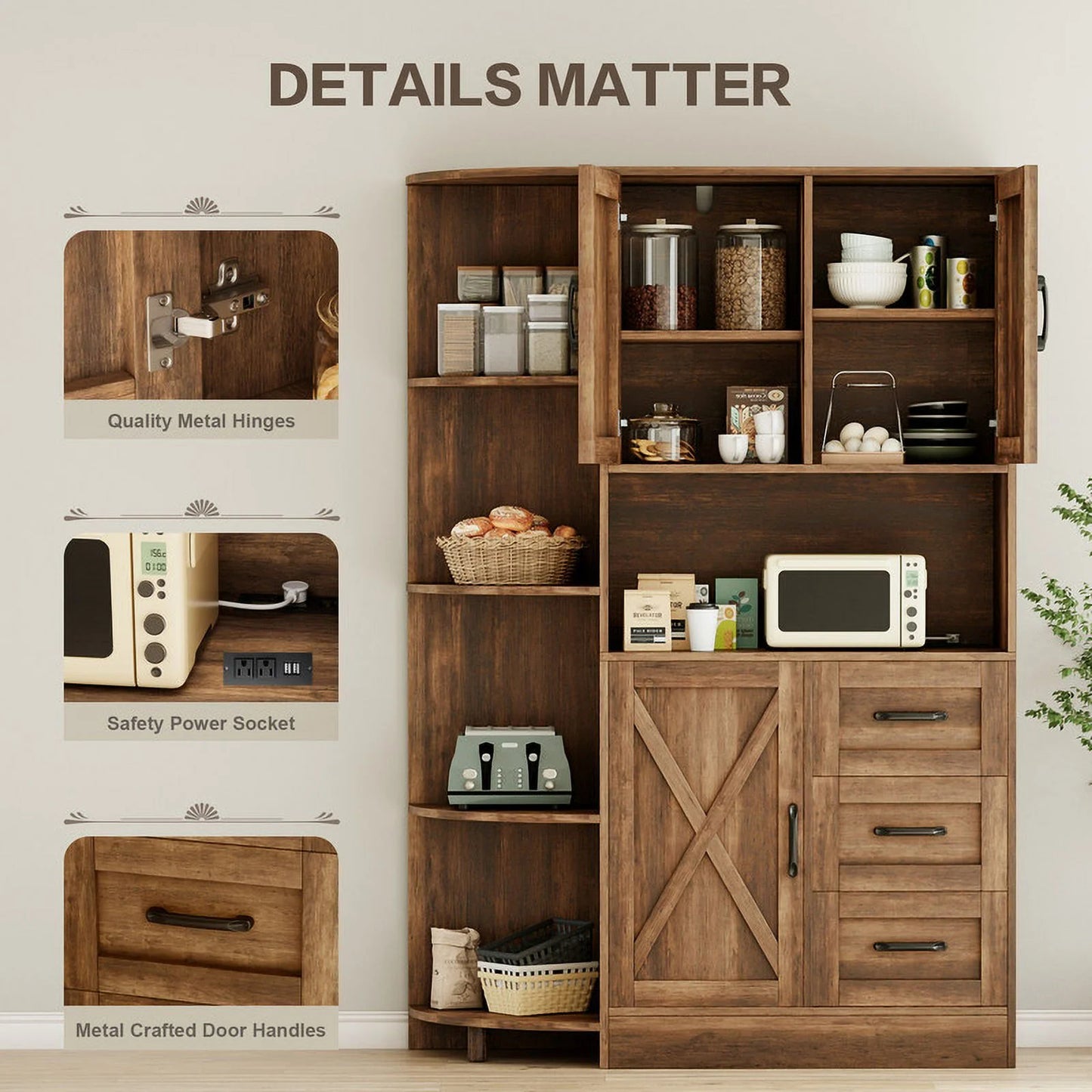 Furmax Tall Kitchen Pantry Cabinet Farmhouse Freestanding Storage Cabinet with Barn Doors, Drawers & Corner Shelves for Kitchen, Dining Room, White