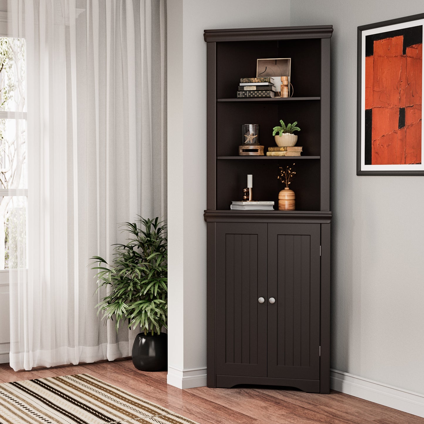 Furmax Corner Bookcase with Storage, Corner Bookshelf Stand Storage Rack for Living Room, Home Office, Kitchen, Small Space
