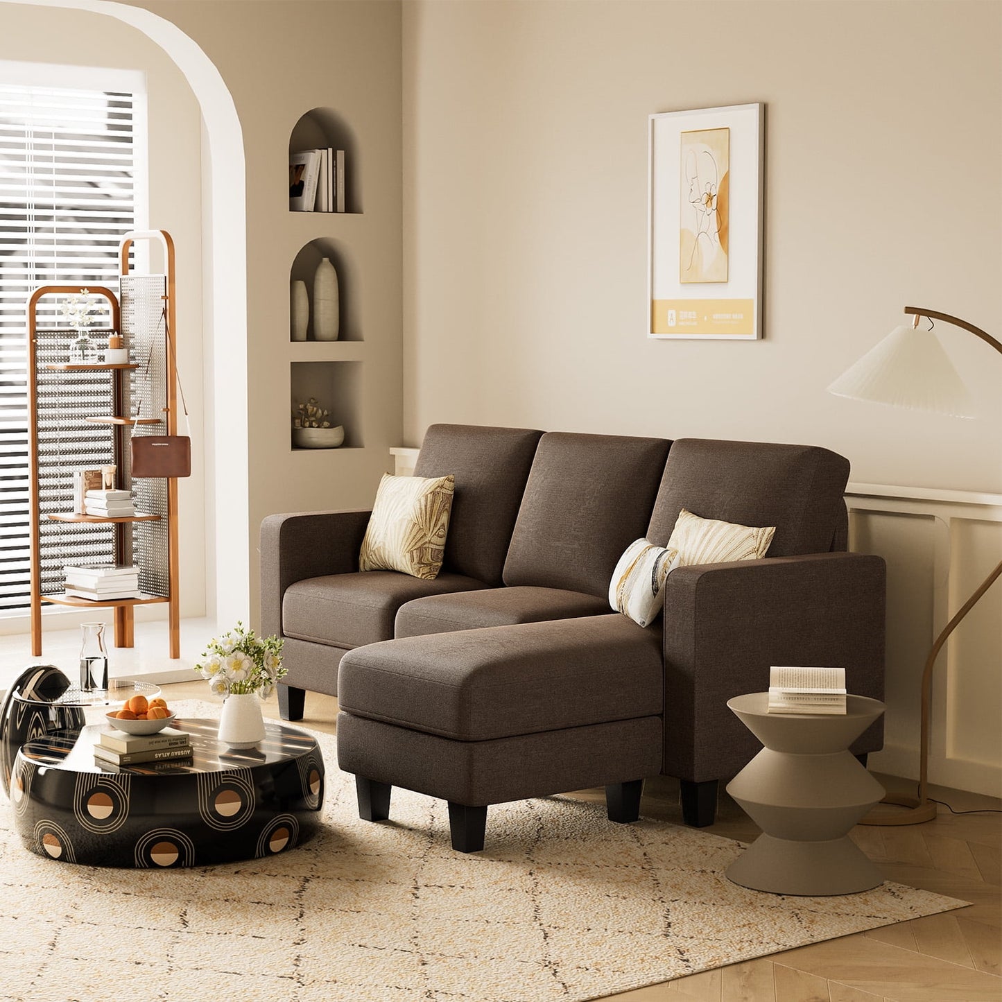 Furmax L-Shaped Sofa Convertible Sectional Sofa 3-Seater Sofa Set with Reversible Chair Linen Fabric Sofa