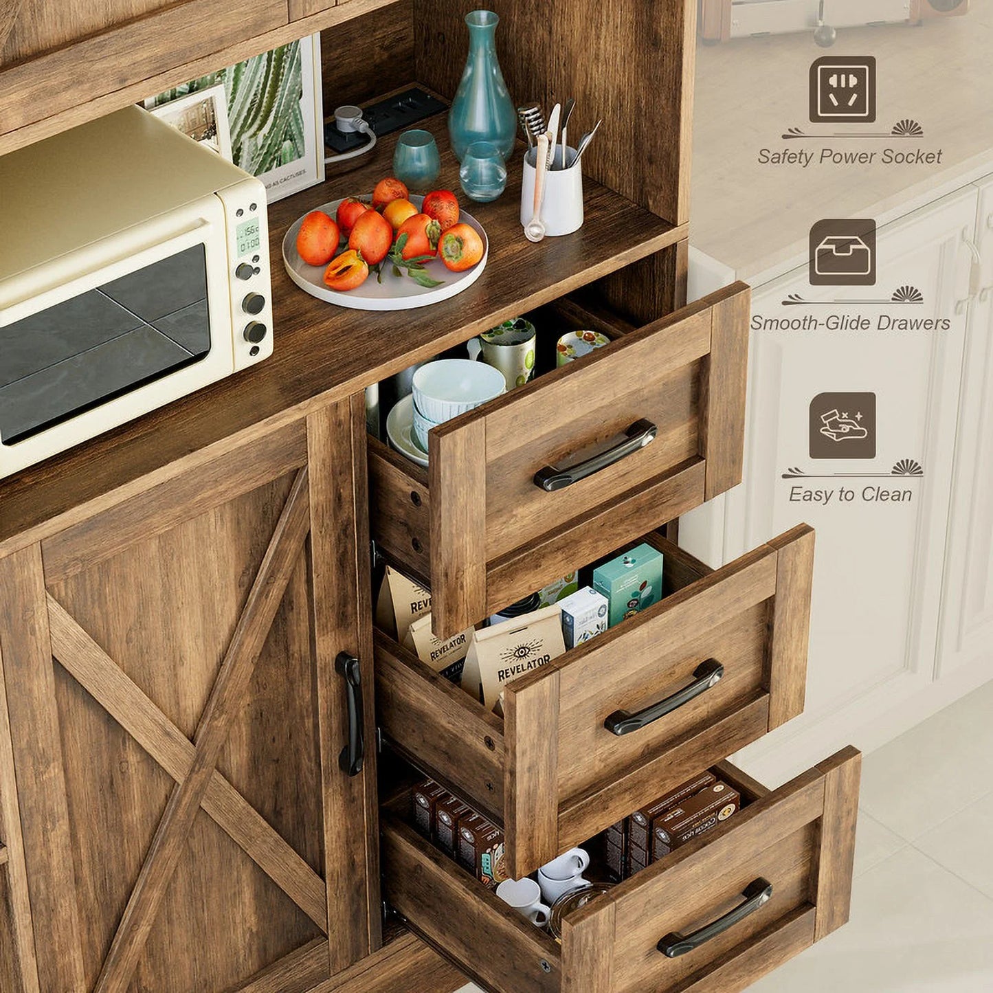Furmax Tall Kitchen Pantry Cabinet Farmhouse Freestanding Storage Cabinet with Barn Doors, Drawers & Corner Shelves for Kitchen, Dining Room, White