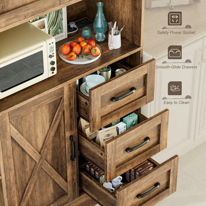 Furmax Tall Kitchen Pantry Cabinet Farmhouse Freestanding Storage Cabinet with Barn Doors, Drawers & Corner Shelves for Kitchen, Dining Room, White