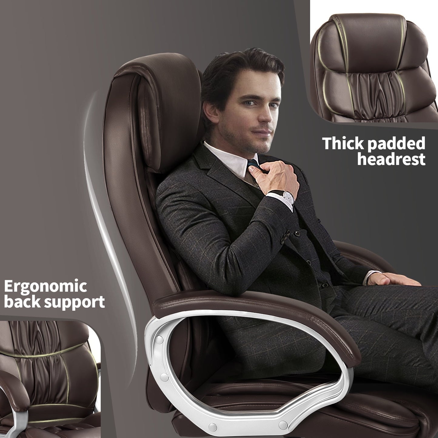 Furmax High Back Office Adjustable Ergonomic Desk Padded Armrests Executive PU Leather Swivel Task Chair with Lumbar Support
