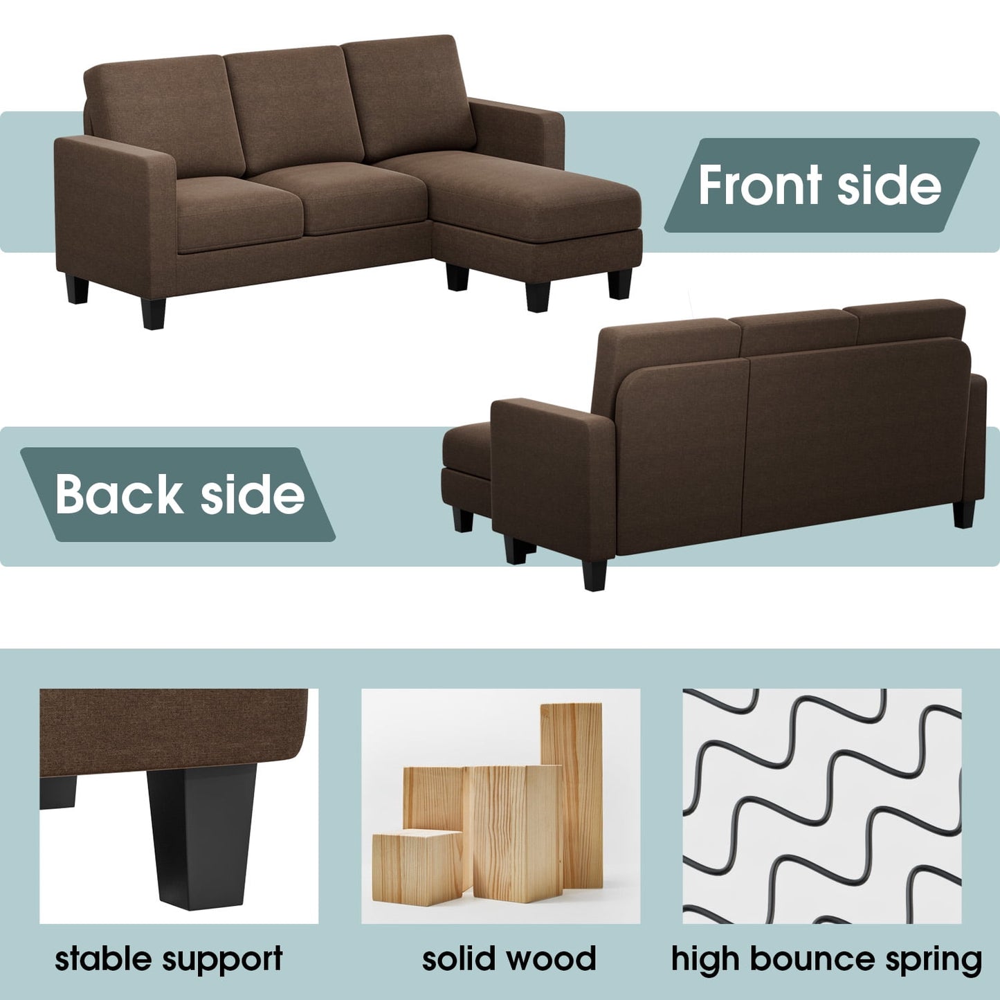 Furmax L-Shaped Sofa Convertible Sectional Sofa 3-Seater Sofa Set with Reversible Chair Linen Fabric Sofa