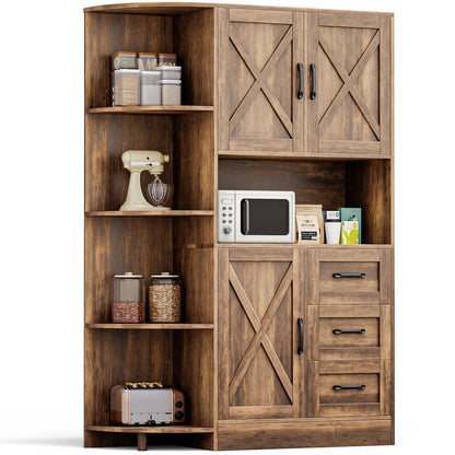 Furmax Tall Kitchen Pantry Cabinet Farmhouse Freestanding Storage Cabinet with Barn Doors, Drawers & Corner Shelves for Kitchen, Dining Room, White