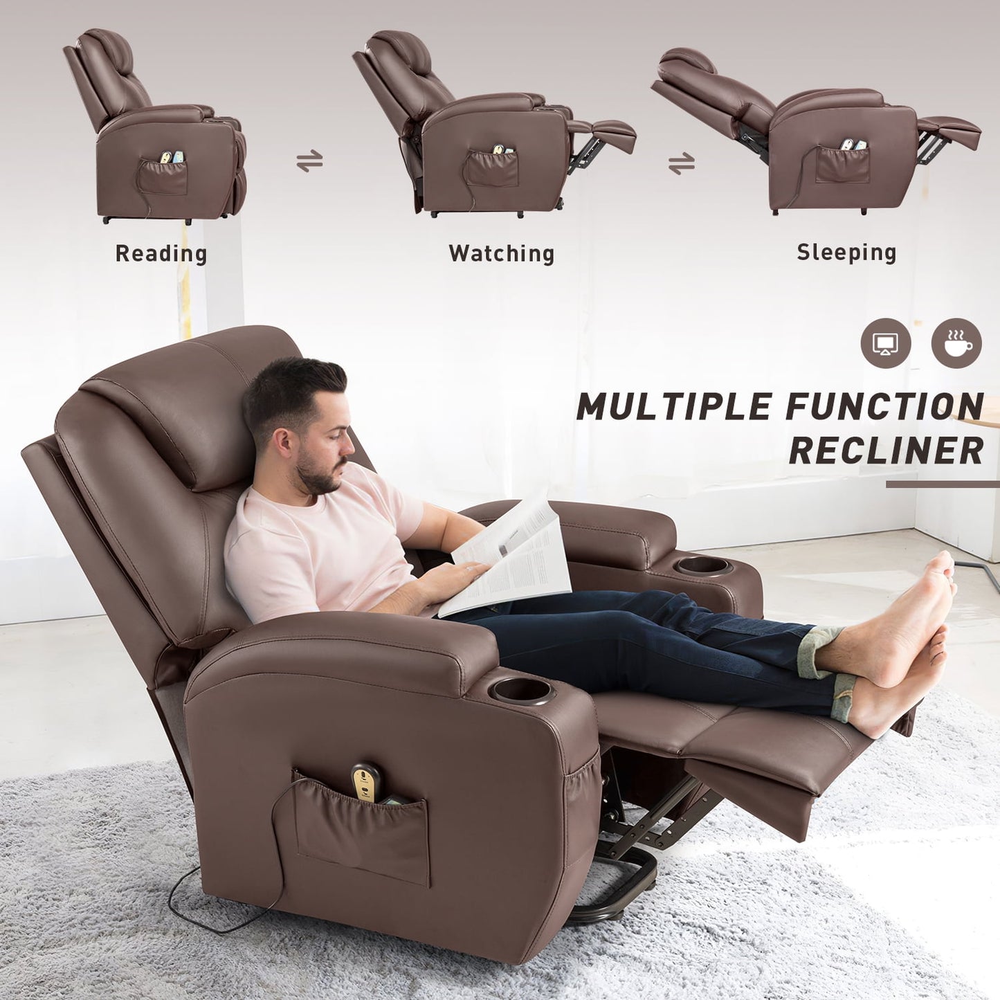 Furmax Electric Reclining Chair Elderly Lift Recliner with Massage and Heating Faux Leather