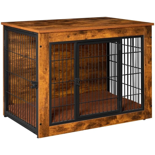 Furmax Wooden Indoor Dog Crate Furniture Double Doors Dog Crate with Thick Cushion