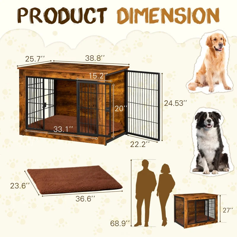 Furmax Wooden Indoor Dog Crate Furniture Double Doors Dog Crate with Thick Cushion