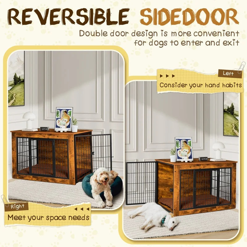 Furmax Wooden Indoor Dog Crate Furniture Double Doors Dog Crate with Thick Cushion
