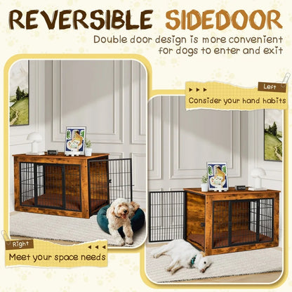 Furmax Wooden Indoor Dog Crate Furniture Double Doors Dog Crate with Thick Cushion