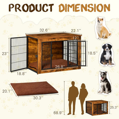 Furmax Wooden Indoor Dog Crate Furniture Double Doors Dog Crate with Thick Cushion