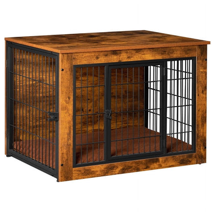 Furmax Wooden Indoor Dog Crate Furniture Double Doors Dog Crate with Thick Cushion