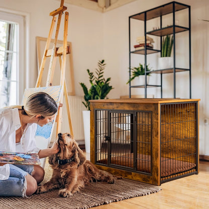 Furmax Wooden Indoor Dog Crate Furniture Double Doors Dog Crate with Thick Cushion