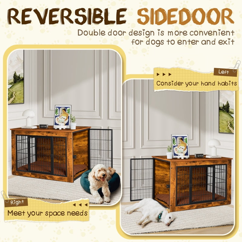 Furmax Wooden Indoor Dog Crate Furniture Double Doors Dog Crate with Thick Cushion
