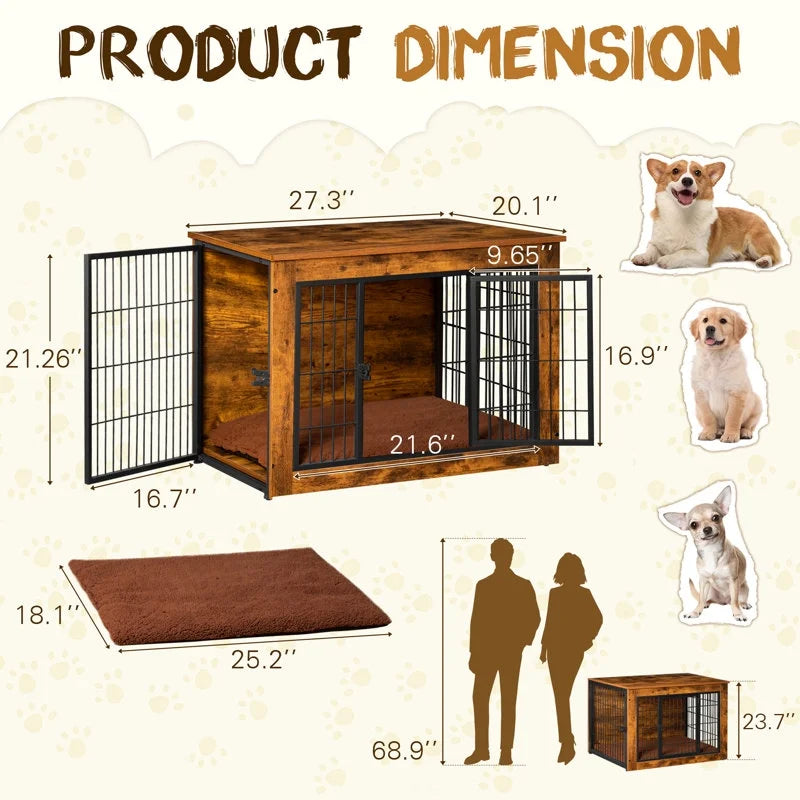 Furmax Wooden Indoor Dog Crate Furniture Double Doors Dog Crate with Thick Cushion