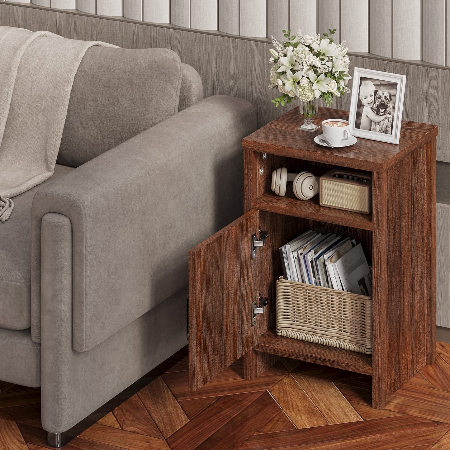 Furmax Farmhouse End Table, Nightstand Set of 2 with Barn Door and Shelf, Side Table for Living Room Bedroom
