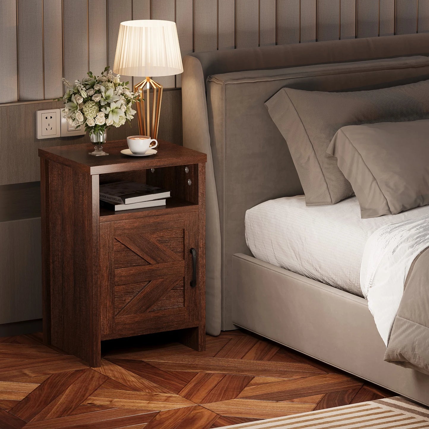 Furmax Farmhouse End Table, Nightstand Set of 2 with Barn Door and Shelf, Side Table for Living Room Bedroom