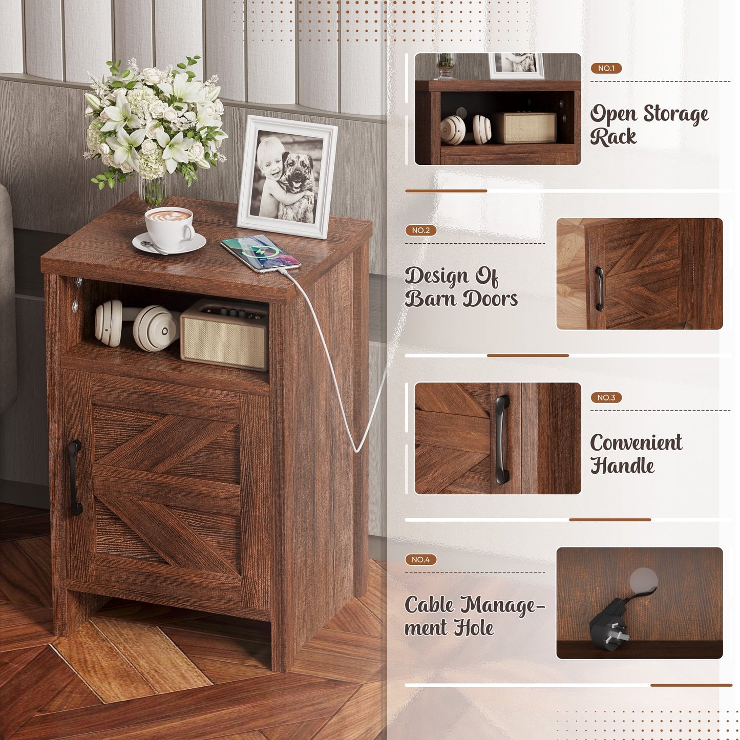 Furmax Farmhouse End Table, Nightstand Set of 2 with Barn Door and Shelf, Side Table for Living Room Bedroom