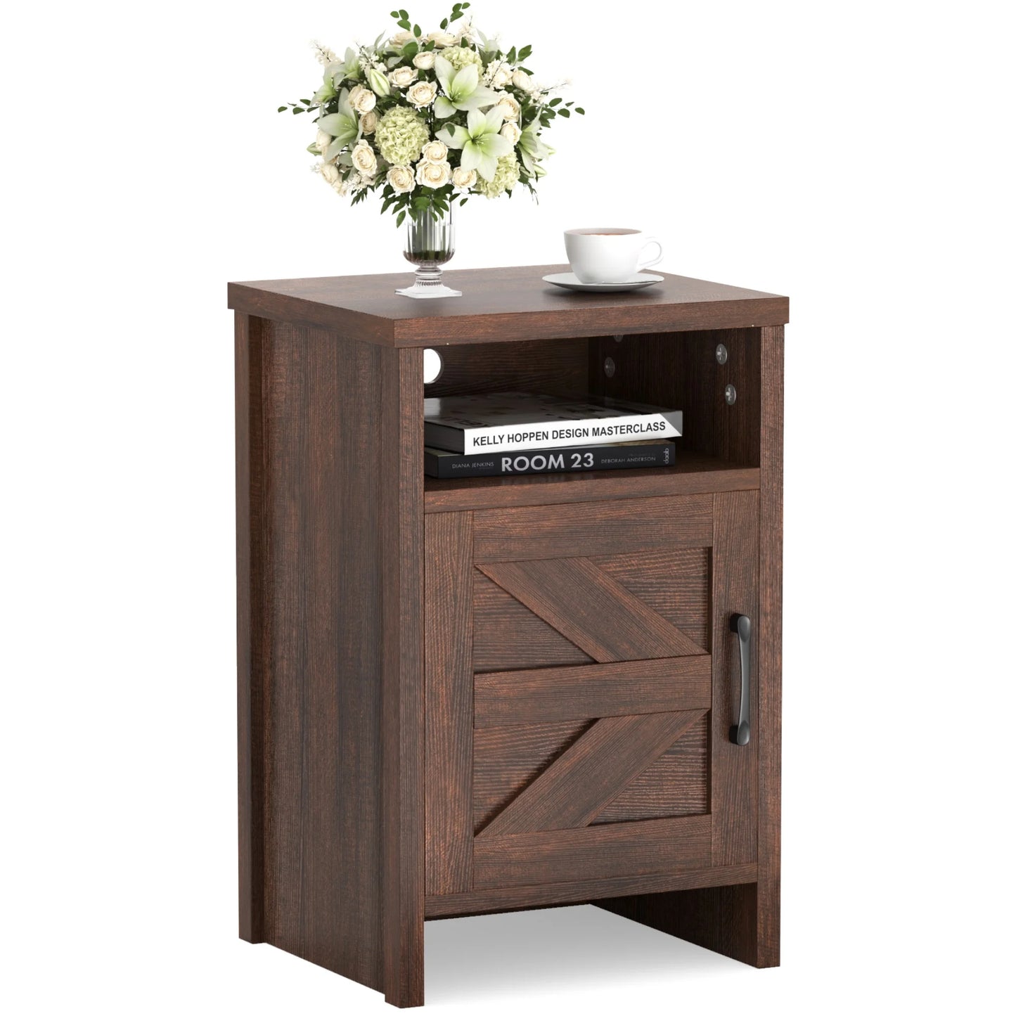 Furmax Farmhouse End Table, Nightstand Set of 2 with Barn Door and Shelf, Side Table for Living Room Bedroom